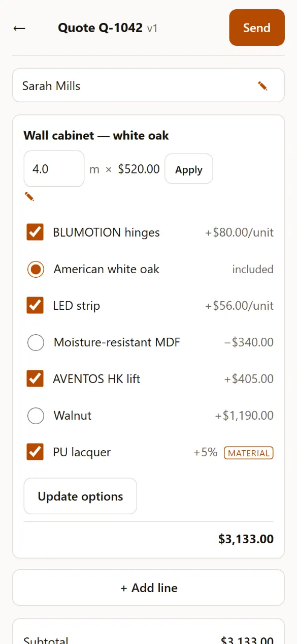 The quote editor on a phone: quote Q-1042 for Sarah Mills, a 4.0 m white oak wall cabinet at $520.00 per metre, with hinges, LED strip, lift and lacquer ticked, and a line total of $3,133.00.