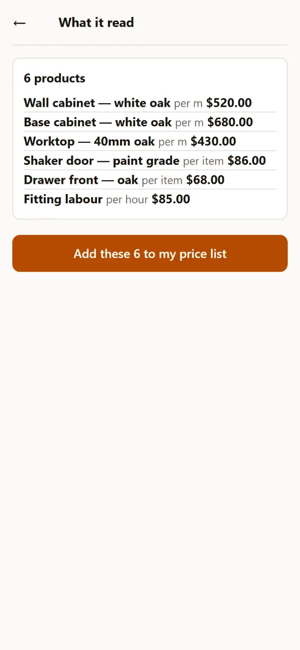 Setting up a price list: six rows pasted out of a spreadsheet, read back as products with their units and prices, above a button reading "Add these 6 to my price list".